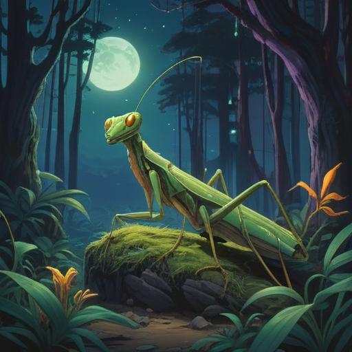 A mystical night scene featuring a praying mantis illuminated by moonlight, surrounded by glowing orbs representing spiritual signs, tranquil forest background, enchanting atmosphere, soft shadows, intricate details on the mantis, symbolic elements of guidance and protection, inspirational and serene mood, 4k