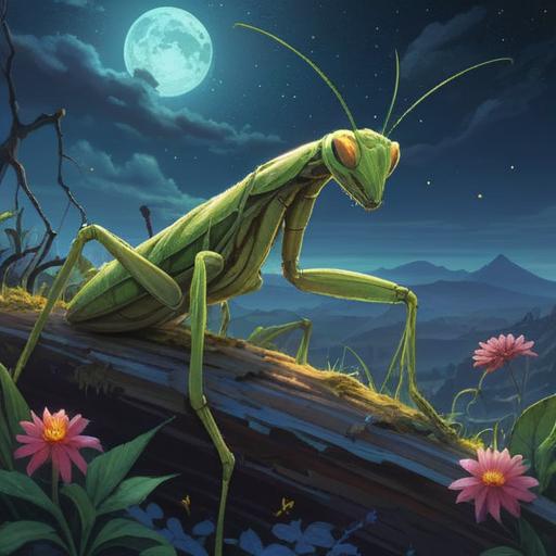 A mystical night scene featuring a praying mantis, glowing spiritual symbols hovering around, a starry sky, ethereal mist, moonlight illuminating the mantis, vibrant colors indicating spiritual energy, an aura of mystery, a sense of awareness, deeply detailed foliage, enchanting atmosphere, 4k