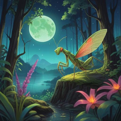 A mystical scene of a praying mantis glowing under the moonlight, surrounded by sparkling stars, an ethereal forest setting, vibrant colors reflecting the magic of the night, featuring a unique lucky charm nearby, intricate details on the mantis, soft shadows enhancing the atmosphere, enchanting and serene vibe, 4k