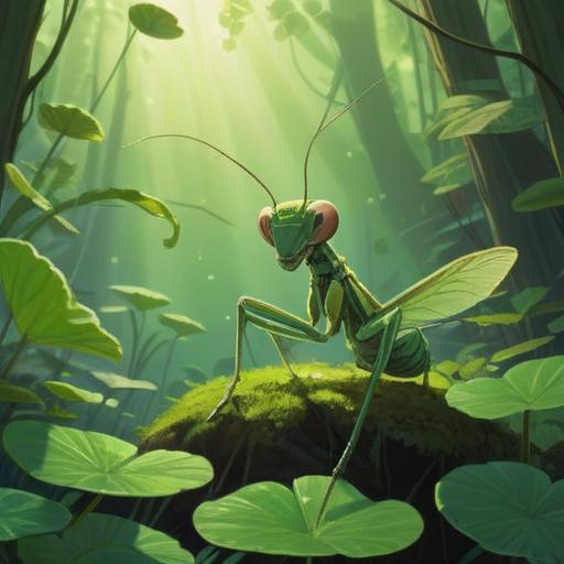 A serene illustration of a praying mantis perched on a vibrant four-leaf clover, surrounded by soft sunlight filtering through lush greenery, symbolizing luck and prosperity, intricate details on the mantis and clover, peaceful atmosphere, harmonious nature scene, whimsical and enchanting, 4k