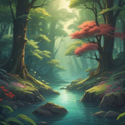 A serene and ethereal landscape, glowing light filtering through trees, gentle stream flowing, symbolic representations of guidance, harmonious atmosphere, vibrant colors, signs of spiritual enlightenment, intricate details of nature, peaceful and contemplative mood, 4k