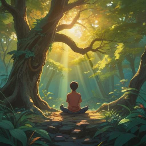 A serene and introspective scene, a person meditating under a large tree, soft rays of sunlight filtering through the leaves, symbols of spiritual signs like feathers and feathers around them, a gentle breeze creating ripples in the grass, a sense of calm and focus, vibrant colors, subtle light effects, conveying a deeper connection with the universe, 4k