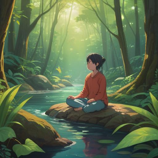 A serene nature scene, a person meditating peacefully in a lush forest, soft sunlight filtering through the leaves, gentle stream flowing nearby, vibrant flowers blooming, harmonious atmosphere, sense of tranquility, spiritual energy radiating, 4k
