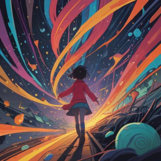 A surreal scene depicting a person feeling dizzy, vibrant colors swirling around, dynamic motion lines illustrating the sensation of vertigo, whimsical elements like floating objects, a sense of disorientation combined with excitement, urban setting in the background, bright lights creating a lively atmosphere, 4k