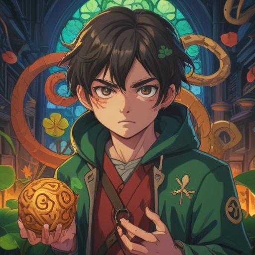 A captivating illustration of a person with striking, intense eyes, surrounded by various lucky items like a four-leaf clover, a horseshoe, and a lucky charm, vibrant colors, dynamic composition, enchanting atmosphere, focus on the person's magnetic gaze, detailed accessories, 4k
