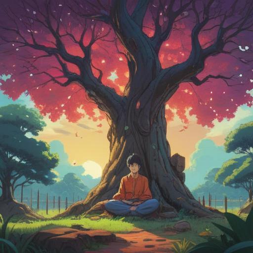 A serene landscape illustrating the spiritual significance of feeling annoyed by others, a figure meditating peacefully under a large tree, surrounded by vibrant nature, soft sunlight filtering through leaves, a subtle aura around the figure, symbolic representations of personal growth and awareness, harmonious colors, 4k