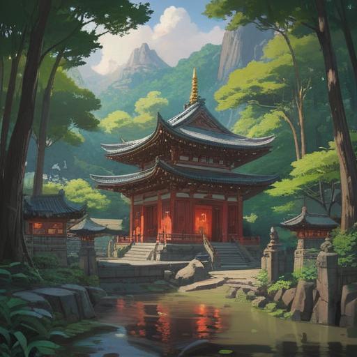 A serene and mystical depiction of Meguro Fudoson temple, ethereal light filtering through lush trees, peaceful atmosphere, spiritual symbols subtly integrated, visitors meditating in harmony, vibrant nature surrounding the temple, colorful lanterns hanging, tranquil water feature, 4k