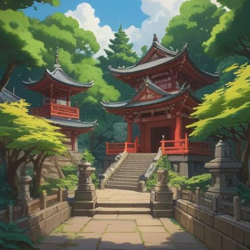A serene illustration of the Meguro Fudo temple, surrounded by lush greenery and traditional architecture, spiritual signs subtly integrated into the scene, warm sunlight filtering through trees, peaceful atmosphere, visitors engaged in meditation, intricate details of temple carvings and statues, 4k