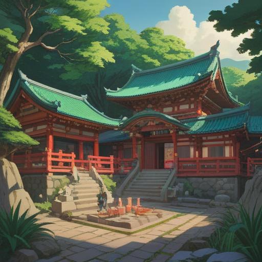 A serene illustration of Meguro Fudo Temple, lush green surroundings, traditional Japanese architecture, people participating in a fortune-telling ritual, vibrant autumn leaves, peaceful atmosphere, incense smoke rising, detailed stone lanterns, cultural significance, 4k