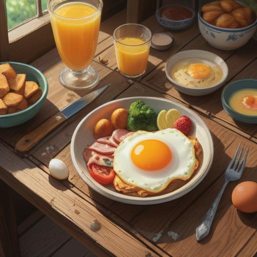 A serene breakfast scene featuring a perfectly cooked sunny-side-up egg on a rustic wooden table, the egg glistening under soft morning light, surrounded by fresh herbs and a slice of whole grain bread, an aura of warmth and positivity radiating from the food, symbolic elements like a small plant representing growth and renewal, a peaceful atmosphere evoking spirituality, harmonious colors and gentle shadows, uplifting vibes, 4k
