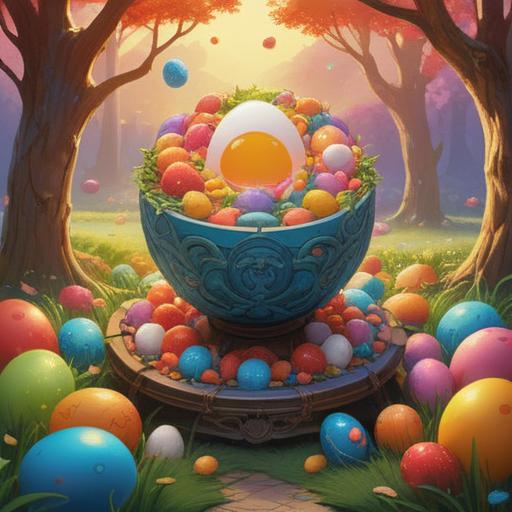 A whimsical illustration of a sunny-side-up egg surrounded by various lucky charms, vibrant colors, cheerful atmosphere, playful arrangement of items like four-leaf clovers, horseshoes, and coins, detailed textures, light reflecting off the egg yolk, harmonious composition, 4k