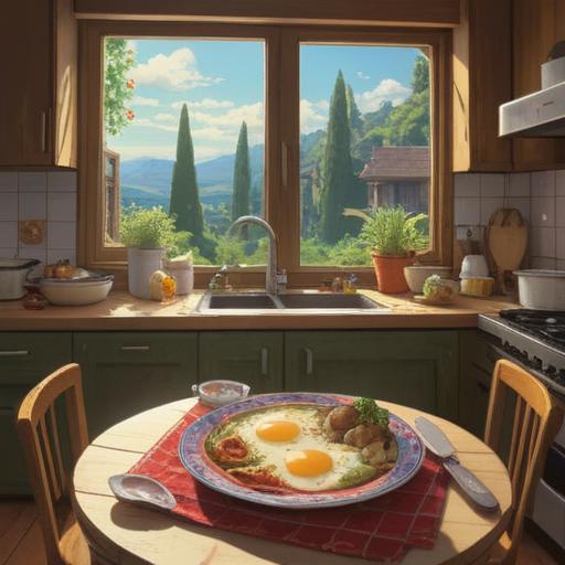 A bright and inviting kitchen scene, a perfectly cooked sunny-side-up egg on a beautifully decorated plate, warm morning light streaming through the window, an open cookbook nearby with handwritten notes on boosting luck, colorful vegetables arranged around the plate, a cheerful atmosphere, vibrant colors, 4k