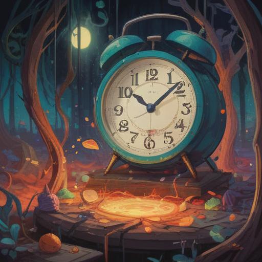 A surreal illustration of an alarm clock ringing unexpectedly, ethereal light surrounding it, symbolic representation of awakening, vivid colors, intricate details of the clock, a tranquil background with dreamlike elements, an air of mystery and spirituality, calming atmosphere, 4k