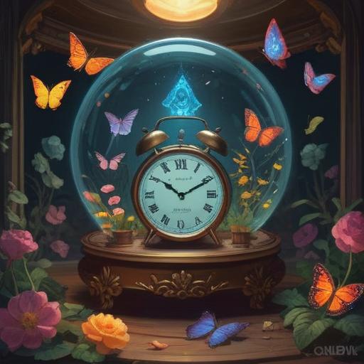 A mystical scene featuring a vintage alarm clock, glowing softly with ethereal light, surrounded by floating symbols of positivity such as butterflies and flowers, a serene landscape in the background, conveying a sense of hope and awakening, intricate details, dreamlike quality, vibrant colors, gentle illumination, spiritual aura, 4k