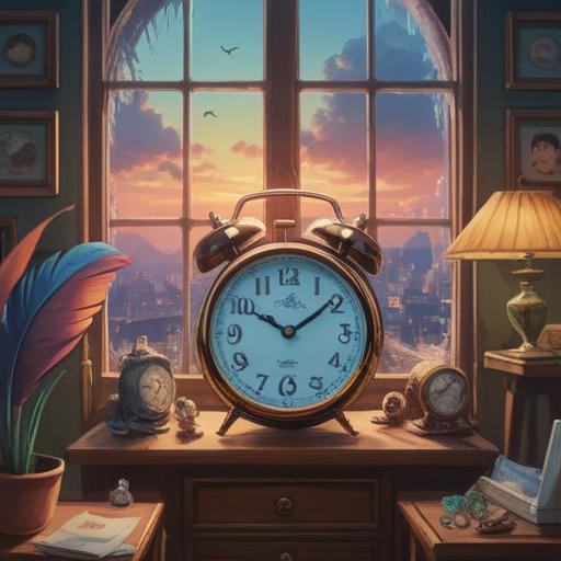 A serene morning scene, a vintage alarm clock ringing, soft light filtering through the window, symbolic items like feathers and crystals nearby, a peaceful room filled with positive energy, subtle spiritual symbols in the background, nature elements like plants and sunlight, inviting atmosphere, 4k