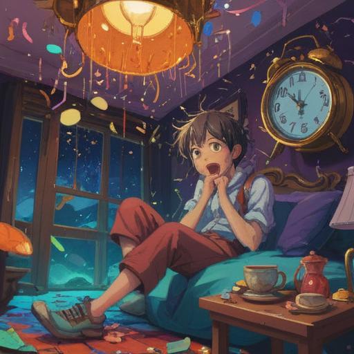 A whimsical scene featuring a vintage alarm clock ringing unexpectedly, a person with a surprised expression, colorful confetti swirling in the air, cheerful decorations surrounding the environment, humorous lucky actions such as dancing or throwing a coin, a vibrant and playful atmosphere, cartoonish style, crayon-like textures, 4k