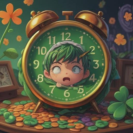 A whimsical illustration of a person waking up joyfully before their alarm clock rings, surrounded by lucky charms like a four-leaf clover, a horseshoe, and a lucky cat, bright morning sunlight streaming through the window, a cheerful and vibrant bedroom setting, soft and warm color palette, 4k