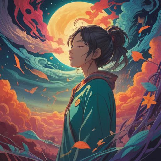 A serene and ethereal scene depicting a person with closed eyes, surrounded by vibrant, swirling colors representing visions of inner peace, spiritual awakening, soft glowing lights, a sense of tranquility, abstract shapes symbolizing thoughts, a harmonious blend of nature elements, gentle waves and flowing patterns, dreamlike atmosphere, 4k