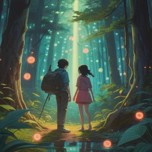 A serene illustration of two figures standing in a peaceful forest, avoiding eye contact, surrounded by ethereal light, soft glowing orbs hovering in the air, a sense of calm and tranquility, symbolic representation of spiritual connection without direct gaze, gentle rays of sunlight filtering through the leaves, enchanting atmosphere, nature-inspired elements, 4k