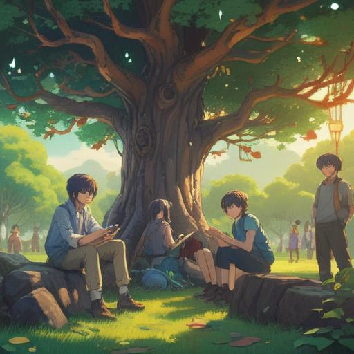 A serene landscape capturing the essence of gathering, various people in a harmonious meeting under a large tree, sharing ideas and experiences, soft sunlight filtering through leaves, diverse individuals engaged in conversation, calm and inviting atmosphere, vibrant colors, detailed surroundings, 4k