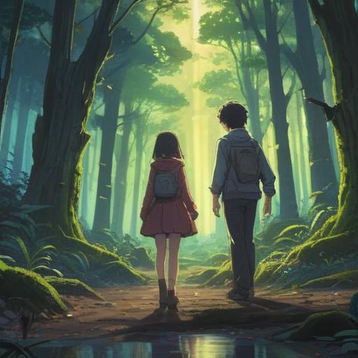 A serene and introspective scene, two individuals standing apart, avoiding eye contact, ethereal light surrounding them, a tranquil forest in the background, symbolic representation of inner reflection, subtle energy flow, spiritual connection without direct gaze, harmony with nature, soft shadows, 4k