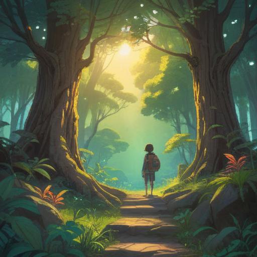 A serene, introspective scene depicting a person gazing into the distance, surrounded by nature, soft sunlight filtering through trees, symbolizing inner peace and connection with the universe, subtle ethereal glow around the figure, representing spiritual growth, calm and reflective atmosphere, 4k