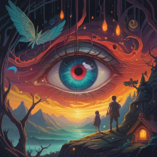 A mystical and captivating illustration, spiritual symbols floating around a human eye, vibrant colors, ethereal glow emanating from the eye, intricate patterns in the iris, swirling energy and light, serene and meditative atmosphere, detailed background featuring nature elements, 4k