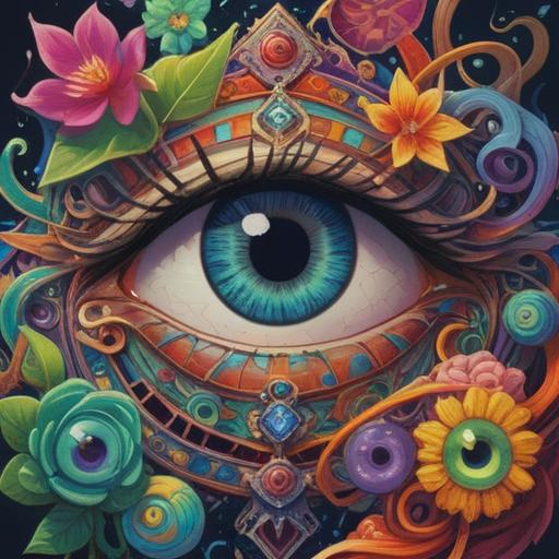 A mystical illustration of a spiritual eye surrounded by lucky charms, vibrant colors, intricate patterns, an ethereal aura, magical symbols glowing softly, enchanting garden setting, elements of nature like crystals and flowers, captivating and serene atmosphere, artistic blend of realism and fantasy, 4k