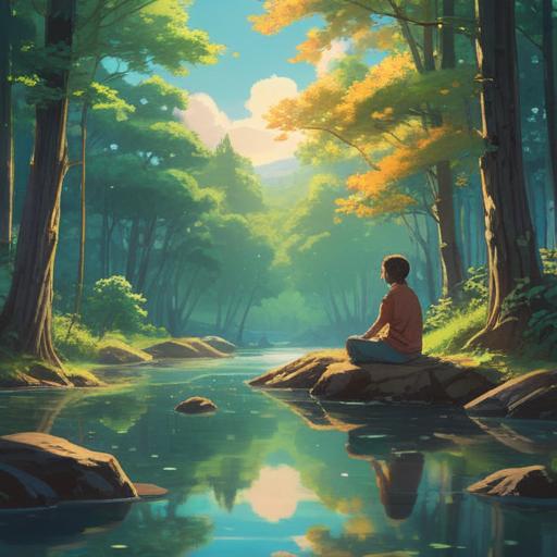 A serene scene depicting a person meditating in nature, vibrant sunlight filtering through the trees, calm water reflecting the sky, surrounded by lush greenery, deep focus on emotional tranquility, gentle breeze rustling leaves, calming atmosphere, illustrated in a realistic style, 4k