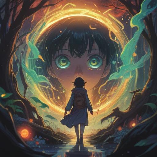 A mystical scene depicting a person experiencing eye discharge, surrounded by ethereal, glowing energy, symbolic representations of intuition and awareness, soft light filtering through trees, mystical creatures observing the individual, serene atmosphere, vibrant colors, 4k