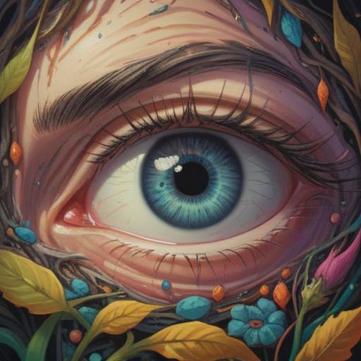 A mystical illustration depicting a close-up of a person's eye with a prominent mole within it, symbolic representation of spiritual insight, ethereal glow surrounding the eye, intricate details highlighting the mole, vibrant colors reflecting emotions, serene background with soft light, harmonious and introspective atmosphere, 4k