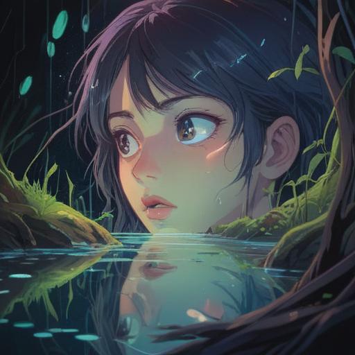 A mystical and serene illustration of a person gazing into a reflective surface, the reflection showing a prominent mole in their eye, ethereal light surrounding them, symbolic elements representing spiritual awareness, gentle color palette, nature-inspired background, calm and introspective atmosphere, 4k
