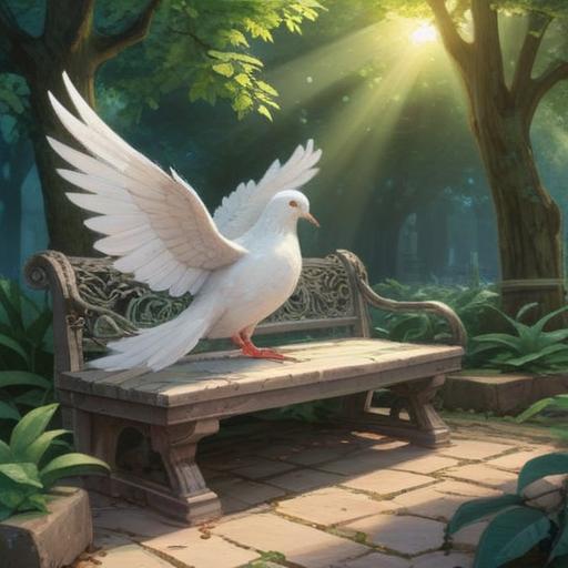 A serene moment in a lush park, a dove gracefully perched on a stone bench, sunlight illuminating its white feathers, surrounded by vibrant flowers and greenery, gentle breeze creating a peaceful ambiance, people smiling in the background, conveying a sense of hope and positive energy, spiritual symbolism, 4k