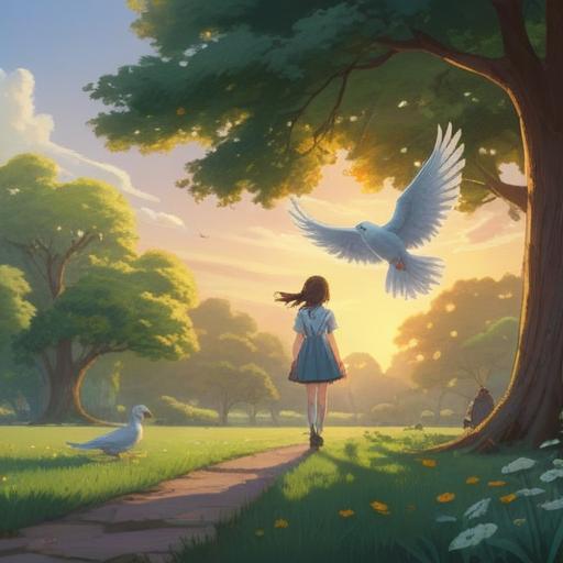 A serene scene depicting a person standing in a peaceful park, a bird (dove) suddenly appearing before them, soft sunlight filtering through the trees, symbolic aura surrounding the dove, gentle reminder of spiritual messages, calm expressions, nature-inspired elements, conveying a sense of awakening and awareness, vibrant colors, harmonious atmosphere