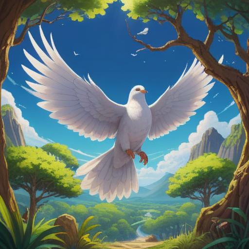 A dove carrying a message of good fortune, surrounded by a serene landscape, bright blue sky, gentle sunlight filtering through the trees, soft white feathers glistening, vibrant flowers blooming below, a sense of hope and peace, 4k