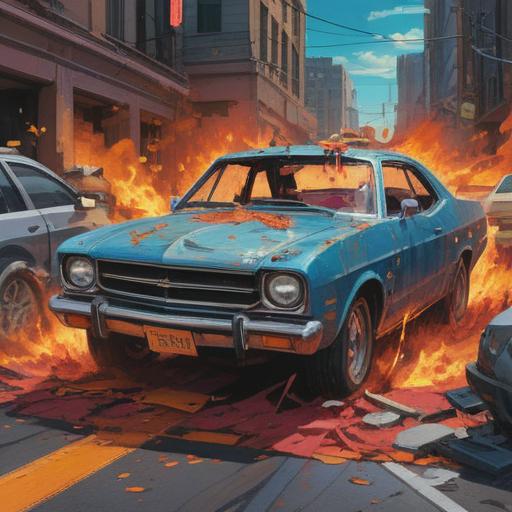 A dramatic scene depicting a car collision in front of a person, emphasizing the spiritual significance of the accident, symbolic elements representing change and awakening, an intense expression on the observer's face, contrasting emotions of shock and realization, detailed urban background with blurred movement of cars, moody lighting reflecting inner turmoil, 4k