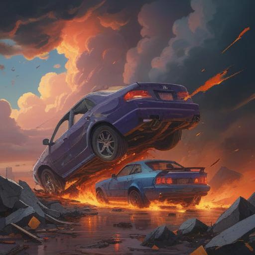 A surreal representation of a car collision, symbolic elements around the crash scene indicating spiritual growth, ethereal light breaking through dark clouds, vibrant colors symbolizing transformation, surreal nature scenery in the background, a sense of calm amidst chaos, 4k