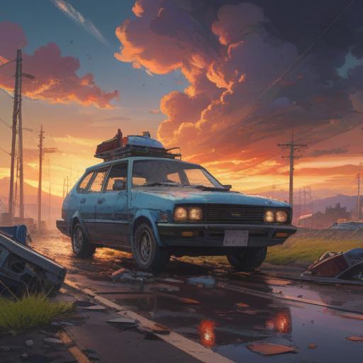 A dramatic scene of a car accident, ethereal light surrounding the vehicles, ominous clouds overhead, a sense of urgency and warning, spiritual energy represented by glowing orbs, detailed expressions of shock and concern on bystanders' faces, a surreal atmosphere, vivid colors, high contrast, cinematic composition