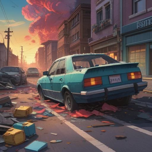 A dramatic scene depicting a witnessed car accident, broken shards of glass scattered on the road, a sense of shock and urgency, a person holding a protective charm in their hand, vibrant colors symbolizing hope and fortune, sunlight breaking through stormy clouds, subtle hints of luck around the charm, detailed expressions of onlookers, 4k