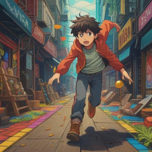 A humorous scene depicting a person tripping in front of another, vibrant colors, playful atmosphere, the onlooker performing a whimsical lucky gesture, exaggerated expressions, detailed surroundings with a park or street setting, capturing the unexpected nature of the moment, joyful chaos, 4k