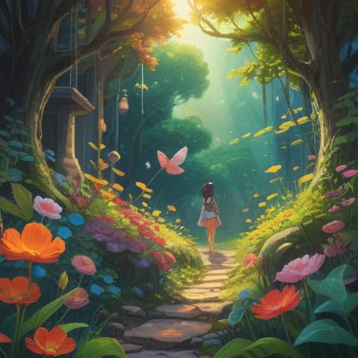 A whimsical scene depicting a small, unassuming key hidden beneath a vibrant flower, soft sunlight filtering through the leaves, gentle breeze rustling the petals, a curious child discovering the key with wide eyes, lush greenery surrounding, symbolizing hidden fortunes in everyday moments, enchanting atmosphere, 4k