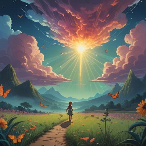 A serene and mystical illustration, depicting a serene landscape after an accident, symbolic elements like light rays breaking through clouds, butterflies representing transformation, a rainbow arching across the sky, tranquil nature surrounding, a subtle presence of ethereal beings, warm light illuminating the scene, 4k