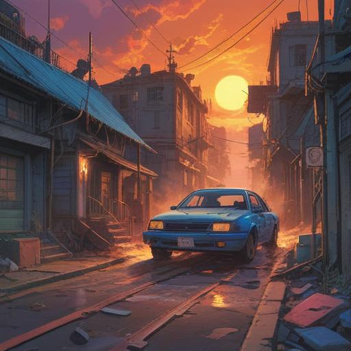 A serene scene depicting a driver experiencing a sudden car accident, ethereal light illuminating spiritual symbols in the surroundings, a guardian angel appearing in the clouds, a sense of calm amidst chaos, caution signs subtly integrated into the scenery, vibrant colors highlighting spiritual awareness, 4k