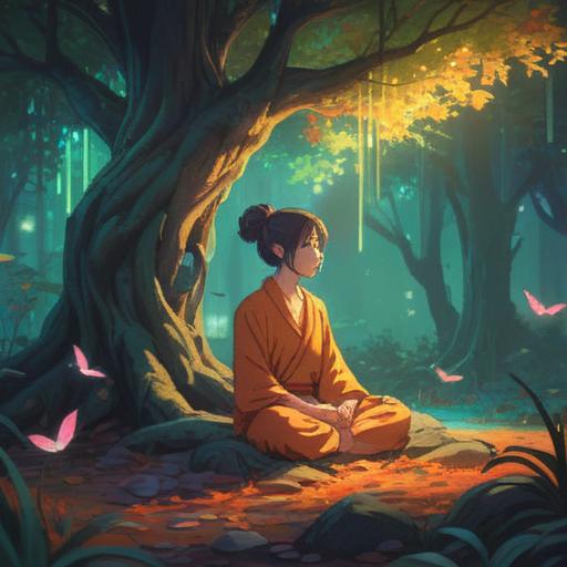 A serene spiritual scene depicting a person meditating under a glowing tree, soft light filtering through leaves, gentle aura surrounding the figure, peaceful nature, vibrant flowers blooming, harmonious colors, soothing atmosphere, balance and healing, 4k