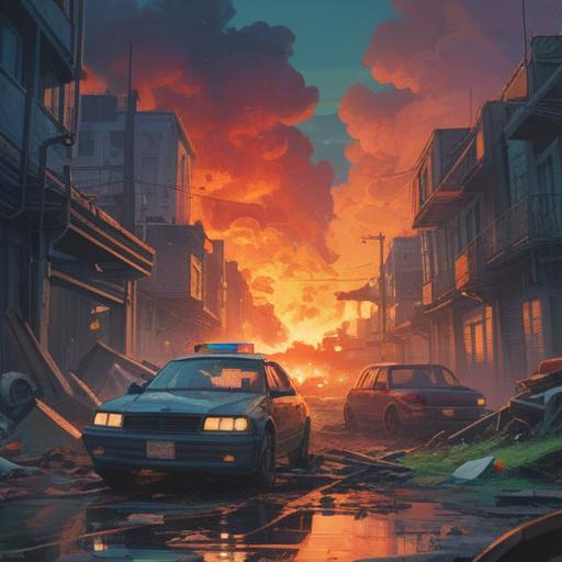 A serene and introspective scene depicting a car accident, ethereal light emanating from the crash site, people standing in reflection, interconnectedness of life and fate, symbolic elements representing transformation and growth, lush greenery surrounding the scene, soft pastel colors, emotional depth, 4k