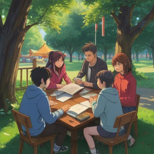 A serene outdoor scene of a group of people discussing and sharing ideas around a large table, notebooks and laptops open, picturesque park setting with trees and flowers, bright daylight, warm smiles, collaborative atmosphere, peaceful environment, conveying the essence of gathering and summarizing thoughts, 4k