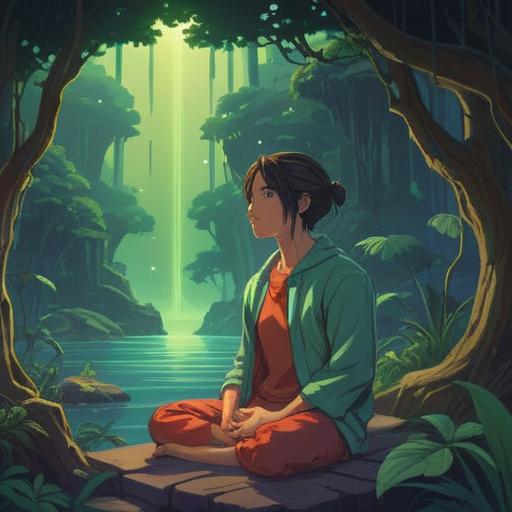 A calm and serene scene depicting a person sitting in meditation, vibrant energy radiating around their head, a gentle glow emphasizing the eyes, symbolic representation of spiritual awareness, subtle hints of nature in the background, soft light filtering through trees, colors reflecting tranquility, an aura of introspection and connection, 4k