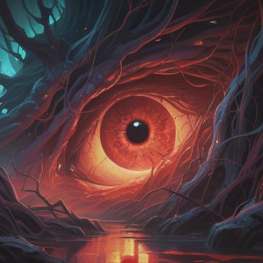 A spiritual illustration depicting the symbolism of blood vessel rupture in the eye, ethereal atmosphere, vivid colors representing emotional turmoil, a person meditating surrounded by swirling light, insight and clarity emerging from darkness, a background of cosmic elements, balance between chaos and tranquility, 4k