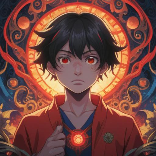 A serene and ethereal representation of a person with vibrant red eyes, symbolizing spiritual awakening, surrounded by a soft glow, intricate patterns of light emanating from the eyes, tranquil setting with gentle nature elements, conveying a sense of peace and enlightenment, 4k