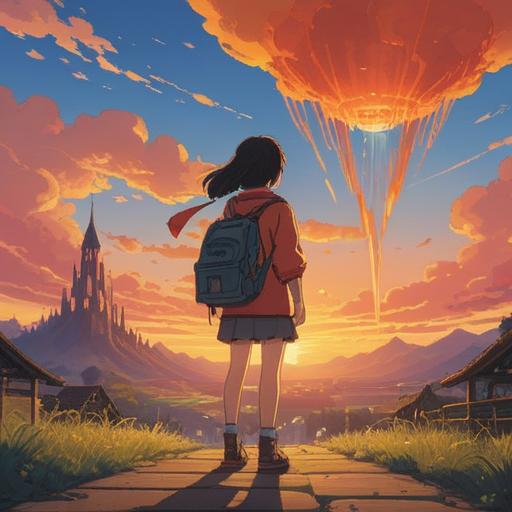 An inspiring scene depicting a person overcoming struggles, vibrant sunrise symbolizing new beginnings, bright colors showing hope, gentle expression on the character's face, surrounded by healing nature, revitalized spirit, motivational atmosphere, 4k